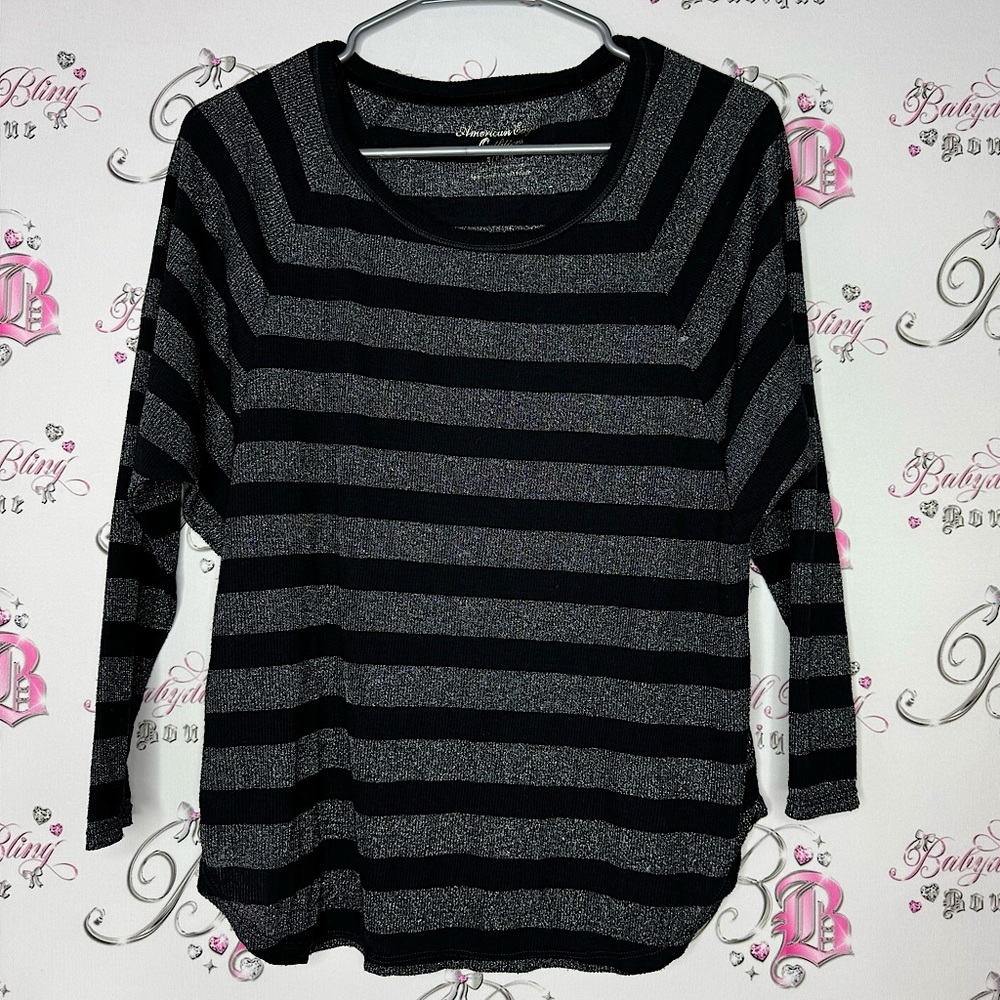 American eagle sparkly top striped grey and black glitter scoop neck lightweight